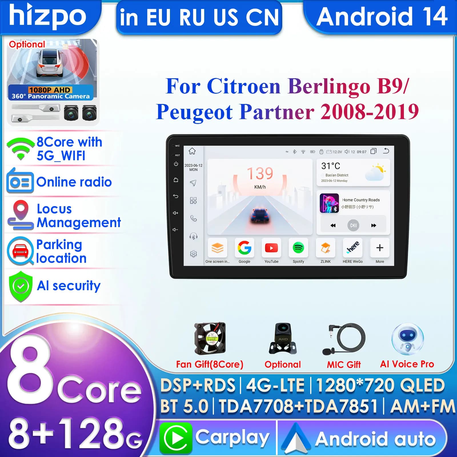 2din Android Autoradio per Citroen Berlingo 2 B9 per Peugeot Partner 2008-2019 Autoradio lettore Video multimediale GPS Carplay 4G