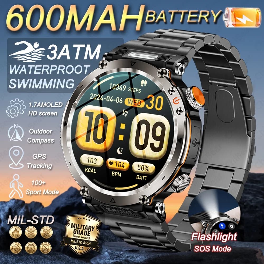 2026New Outdoors Military 600mAh Battery SmartWatch Men IP68 Waterproof LED Flashlight Heart Rate Sports tracker Smart Watch Men