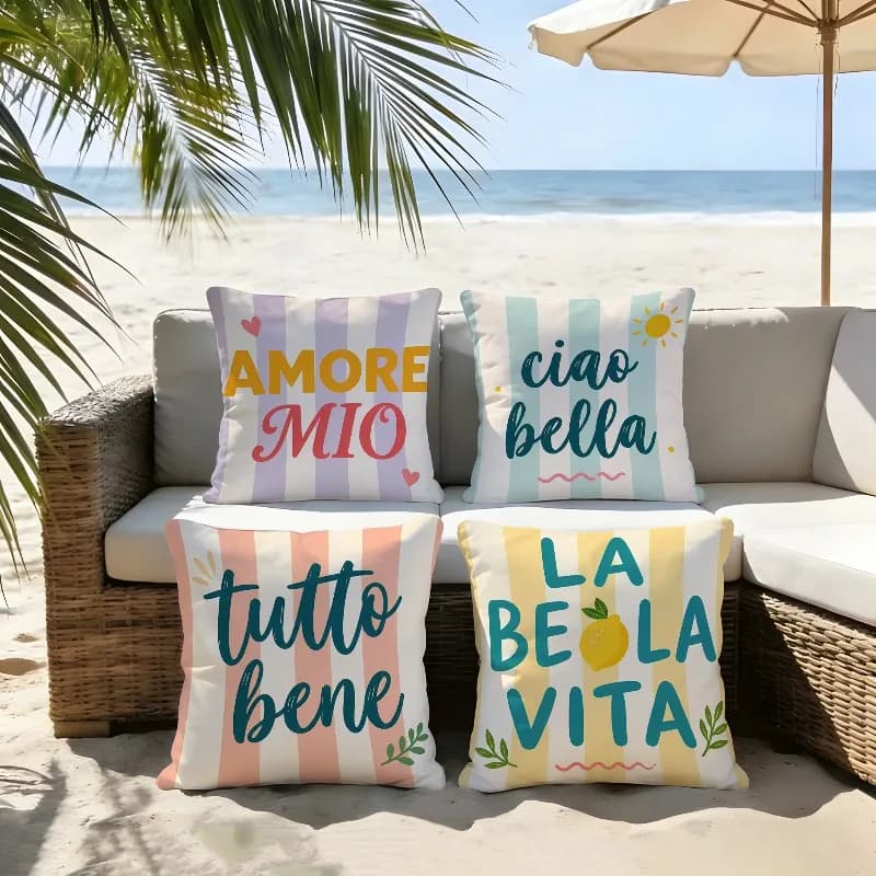 Set di 4 fodere per cuscini a righe con citazioni estive italiane, cuscini per il tempo libero all'aperto, fodere per cuscini con stampa piatta 2D per decorazioni domestiche, regalo per familiari, amici e partner, fodere per cuscini con cerniera, diverse misure disponibili, adatte per divani da cucina