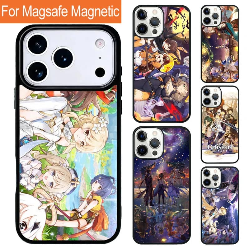 Custodia Magnetica Wireless per iPhone Genshin Impact Anime con Cover Magsafe per iPhone 17 Pro 16 15 13 12 11 Pro Max Air 14 Plus