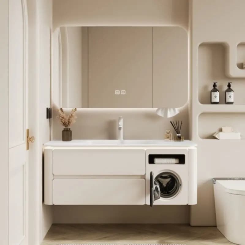 Set Mobile Bagno Nordico Minimalista Stile Moderno Crema con Lavabo Integrato, Specchio e Armadietti in Rovere FYBC