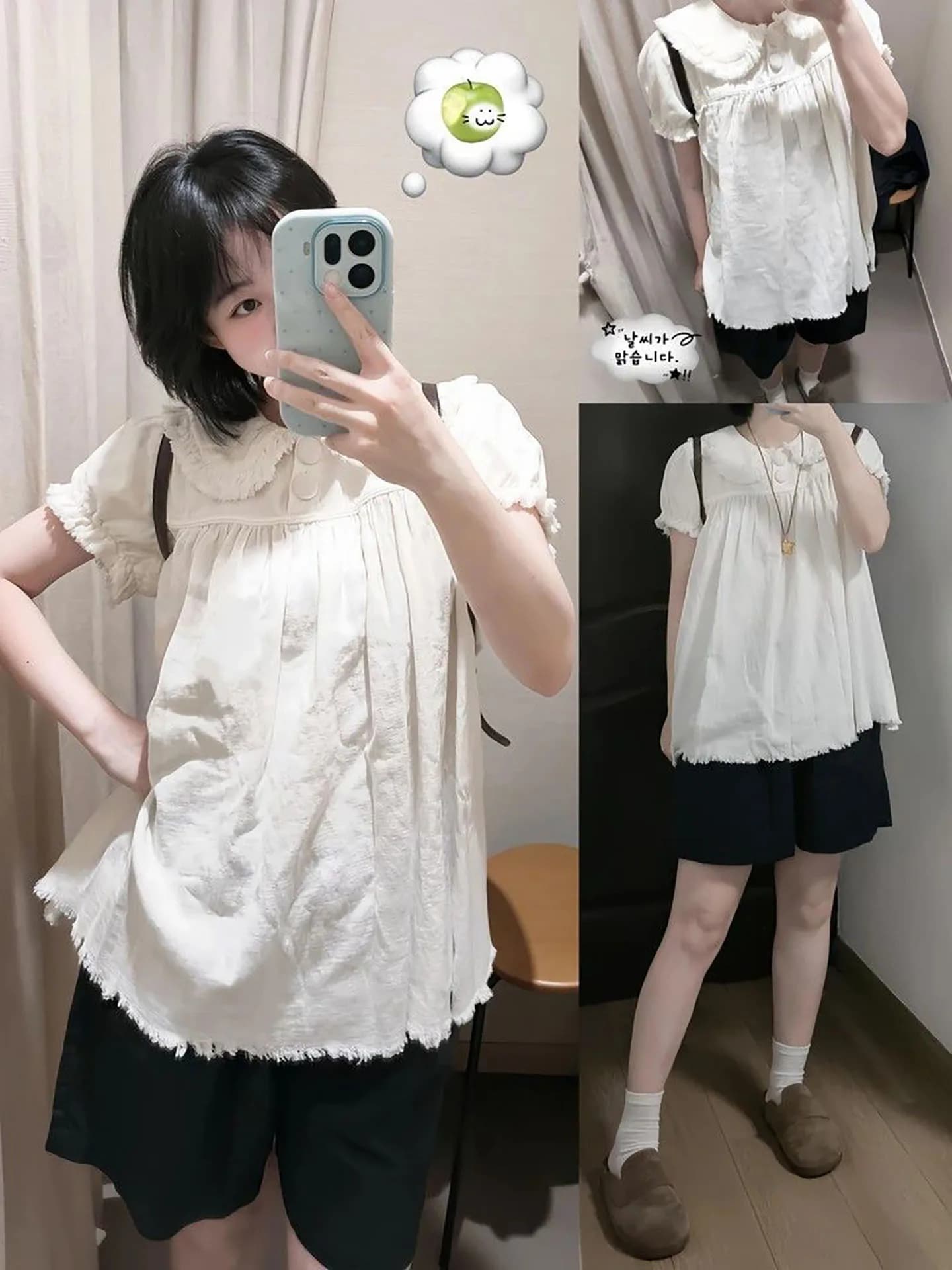 Casual Bubble Sleeve Shirt Women's Summer Simple Commuter Match Upper Body Photography Doll Collar Shirt Loose Fit Short Sleeve