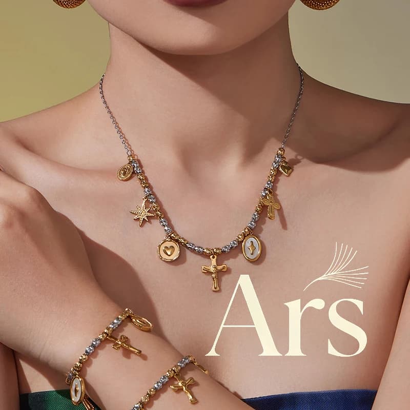 Ars Stainless Steel Gold Plated beaded Necklace matching Bracelet For Women Multi cross charms Necklaces Bracelets Jewelry sets