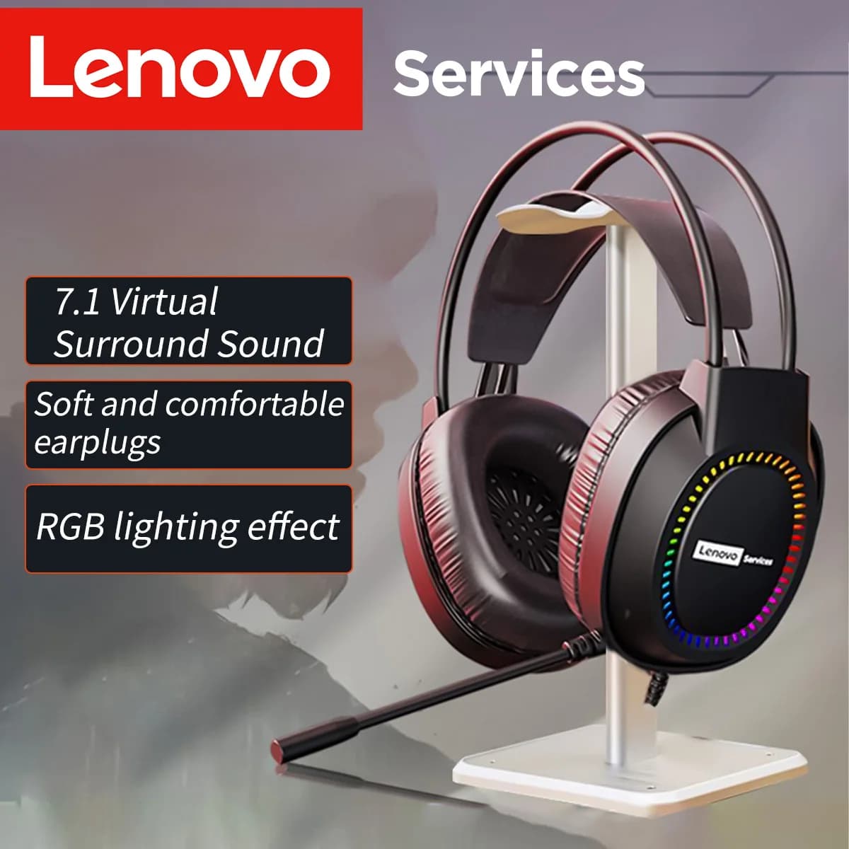 Lenovo E03 Gaming Headphones Soft Earpads, RGB Lighting Effect 7.1 Surround Sound Wired Headset with Adjustable Mic