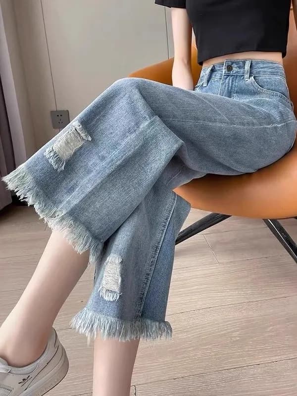Tassel Straight Leg Jeans Women Summer New Loose Eighteen Nine Hole Slimming Hole High Waist Cotton Casual Straight Leg Pants