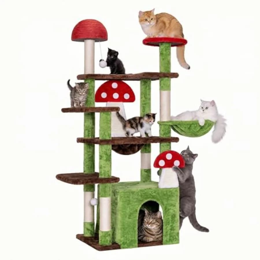 Albero per Gatti a Forma di Fungo per Gatti da Interno, Torre per Gatti a 58 Livelli con Tiragraffi, Base Extra Larga Anti-Ribaltamento, Cuccia Morbida per Gatti, Amaca