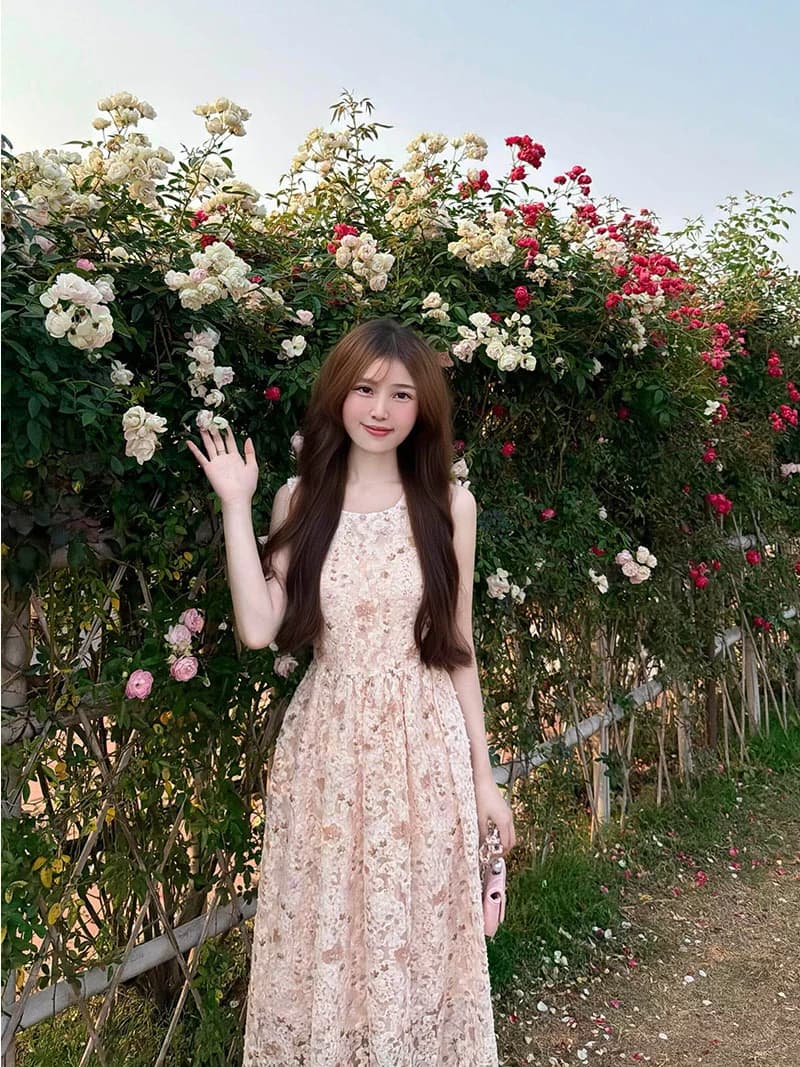 Summer Beautiful Floral Vest Long Dress Waist Cinched Fairy Dress Pink Beach Holiday Style Sweet Princess A-Line Skirt