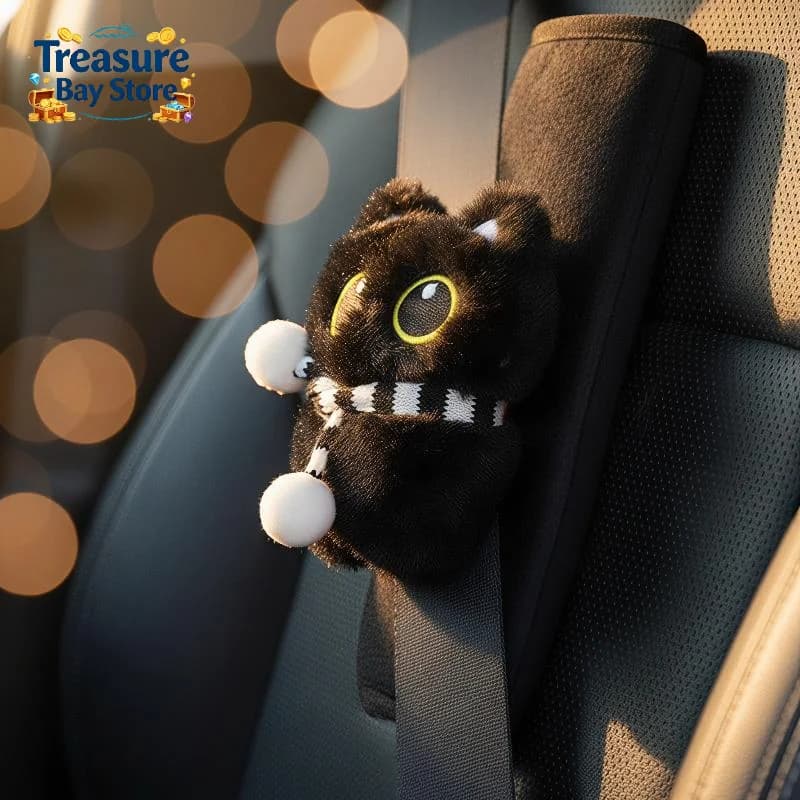 Cute Plush Black Cat Car Seat Belt Cover Soft Comfortable Fabric For Cat Lovers Car Decor Daily Driving
