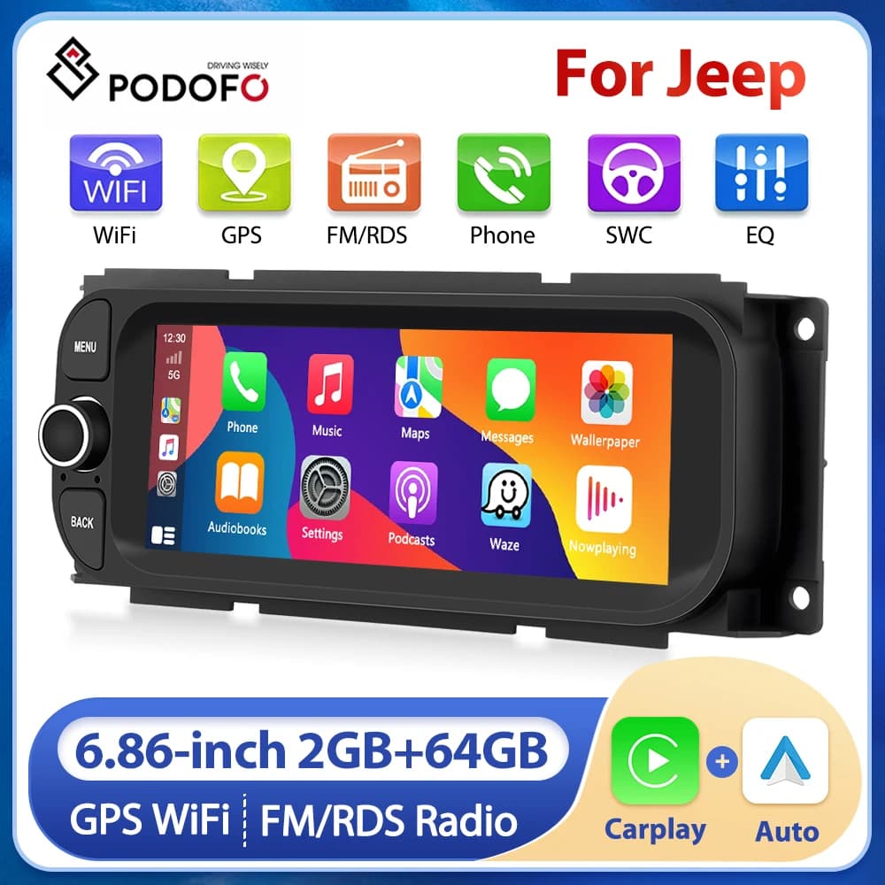 Podofo 2G + 64G Wireless Carplay Autoradio Radio WIFI Navigazione GPS Lettore multimediale Schermo diviso Android Auto Radio per Jeep