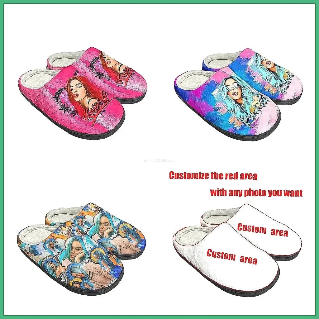 Pantofole in peluche stampate Karol G, calde e unisex, per il comfort domestico