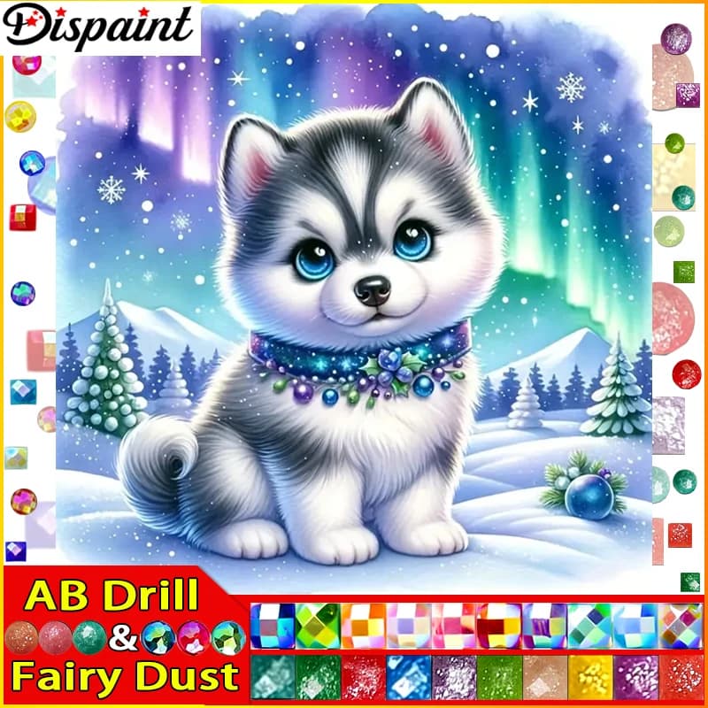 Dispaint Fata Polvere AB Trapano quadrato/rotondo 5D Pittura diamante fai da te "Cane Animale Neve" Ricamo Punto croce Pieno di strass Decor