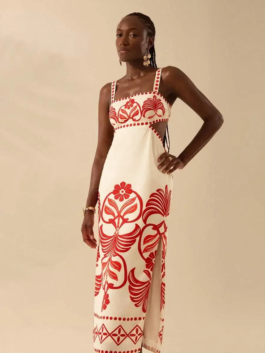 Womens Boho Summer Sleeveless Floral Print Backless Slit Maxi Dress