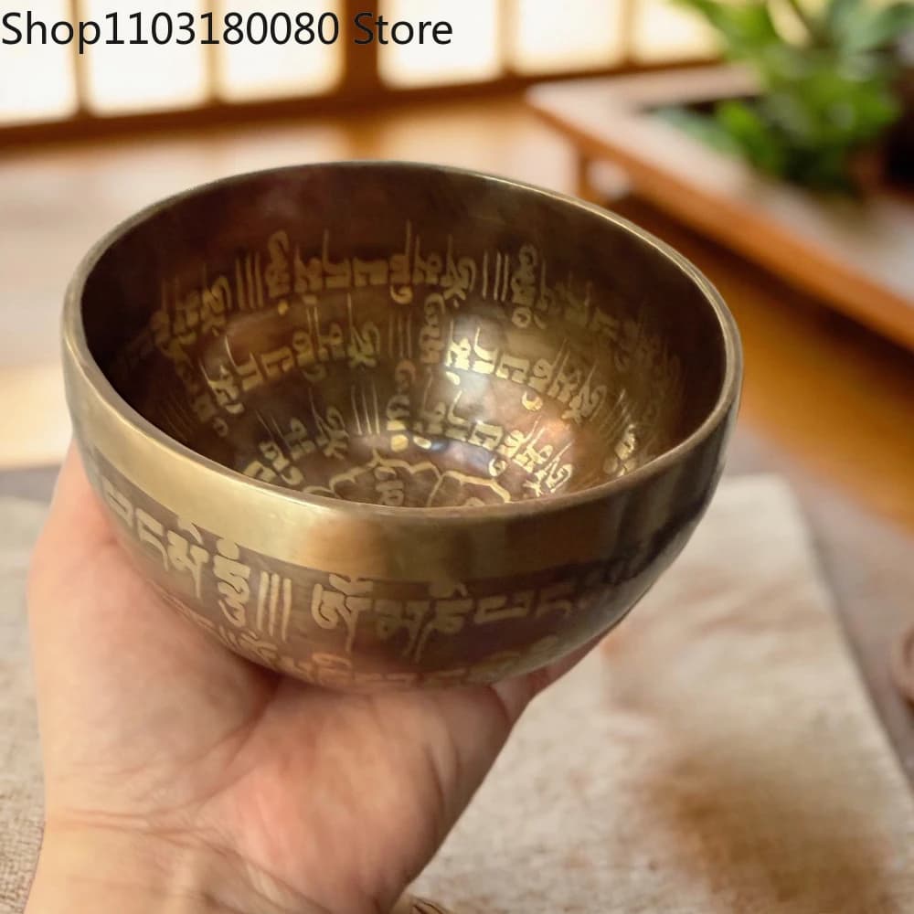 13cm Hand hammered Tibetan Singing Bowl Sanskrit Engraved Brass Bowl Yoga Meditation Sound Healing Stress Relief Spiritual Gift