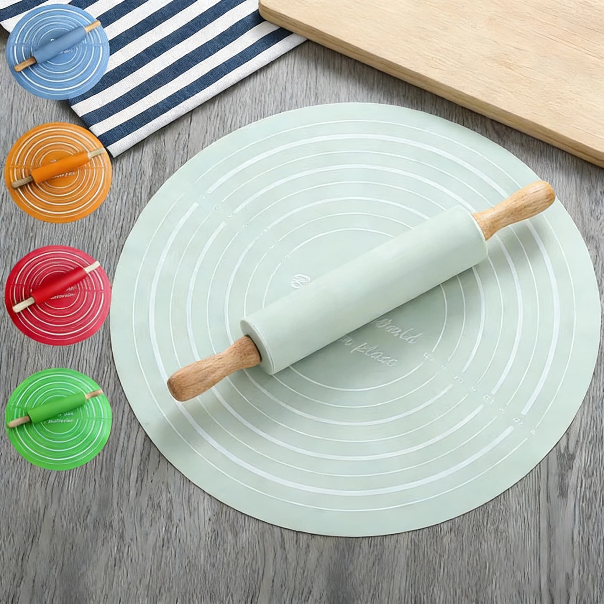 Wooden Rolling Pin Silicone Dough Mat Baking Set Non-Stick Kneading Pad Pastry Boards For Pizza Cake Cookies Roller Baking Tools