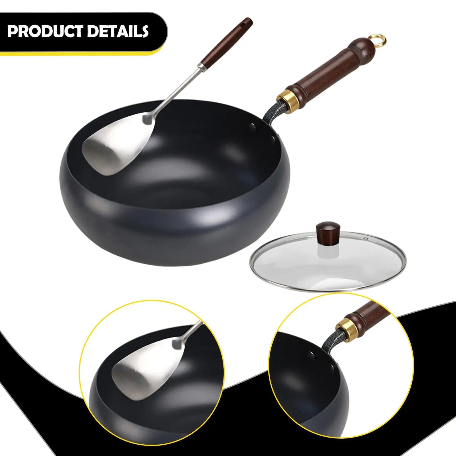 Wok Iron Plate with Flat Bottom, Deep Brush with Handle to Cook on All Types of Stoves