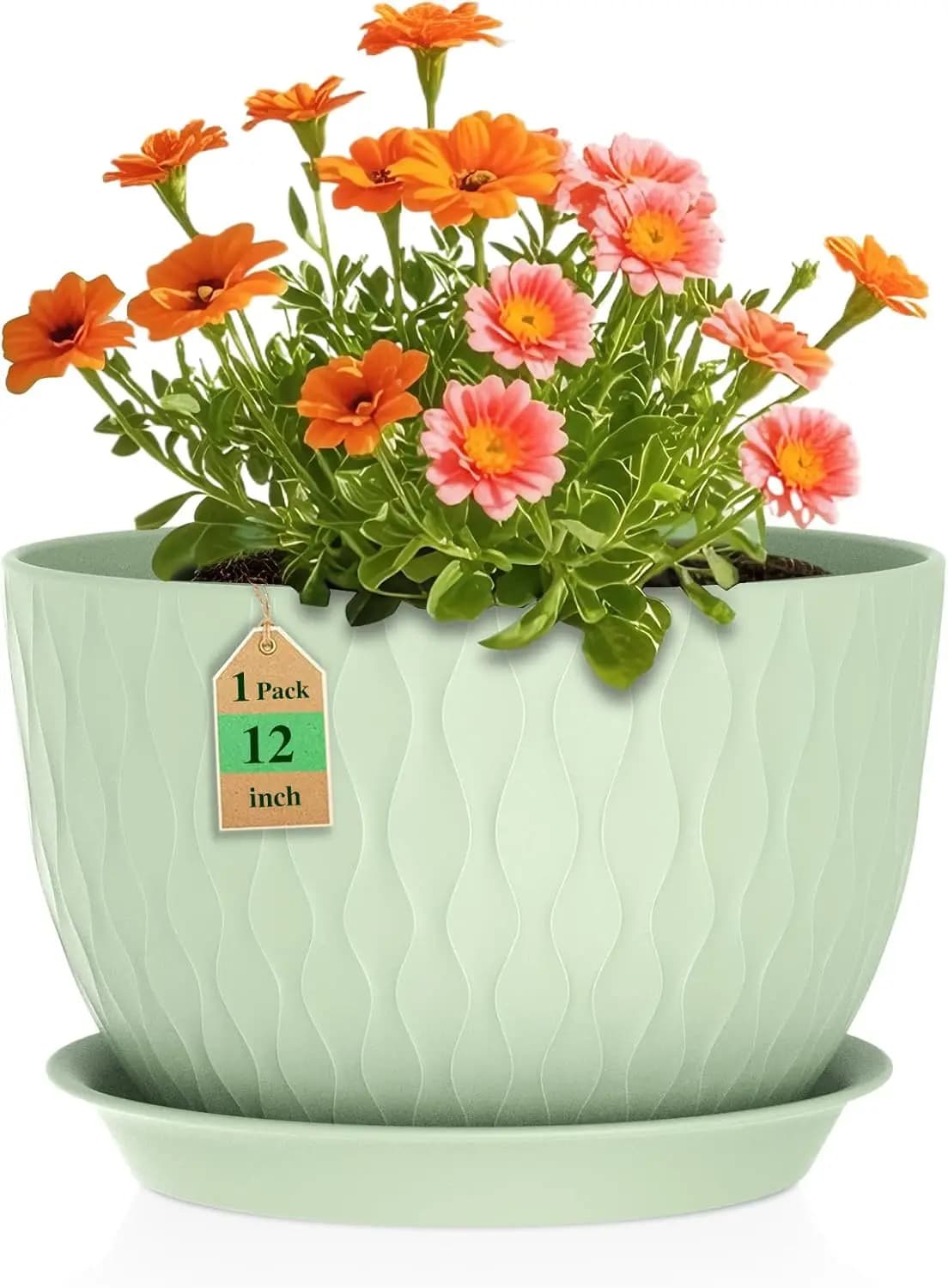 Vasi per Piante Grandi da 12 Pollici per Interni o Esterni, Vasi per Fiori con Effetto Ondulato e Fori di Drenaggio e Sottovaso, in Plastica