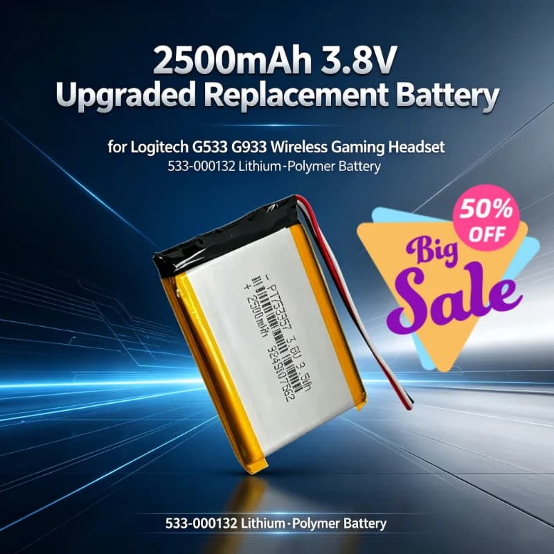 2500mAh 3.8V Upgraded Lithium‑Polymer Replacement Battery 533‑000132 for Logitech G533 G933 Wireless Gaming Headset