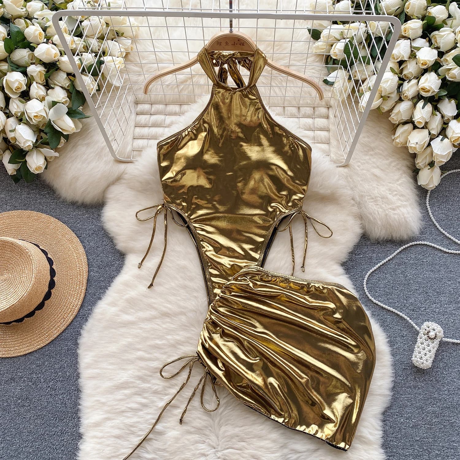 Hotsweet Chic Halter Bandage Elegant Sleeveless Bodysuits High Waist Pleated Pencil Skirt Sexy Beach Vacation High Street Sets