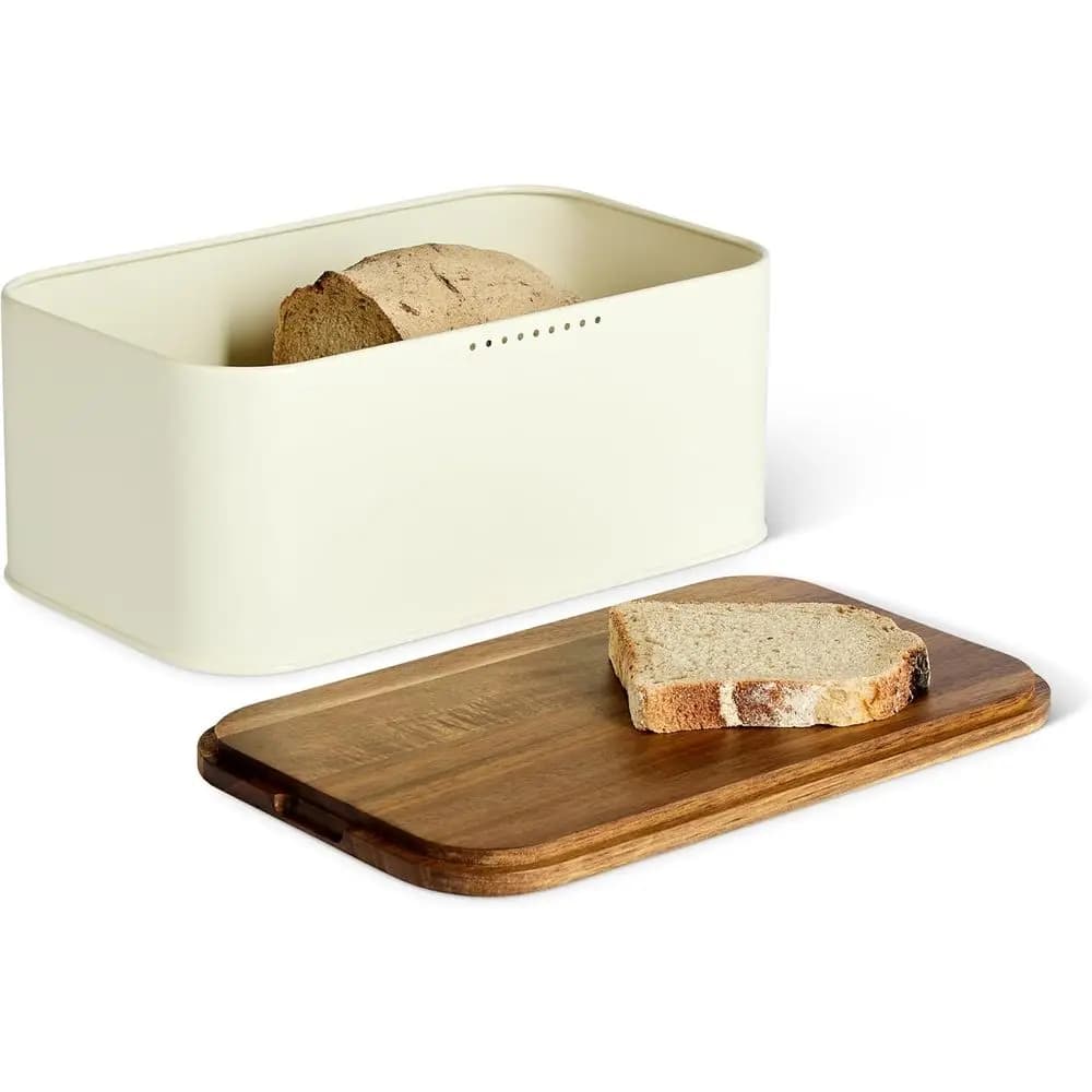 Contenitore per il pane in acciaio al carbonio con coperchio in legno di acacia, il coperchio serve anche come tagliere, 11,9 x 7,1 x 5,2 pollici