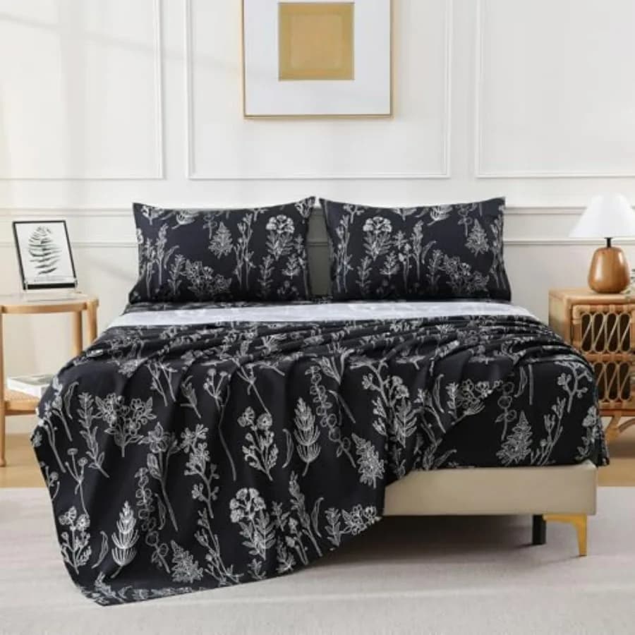 Set di Lenzuola con Stampa Floreale Nera, Motivo Botanico Scuro, Lenzuola Rinfrescanti e Federe in Morbida Microfibra 15" Ex