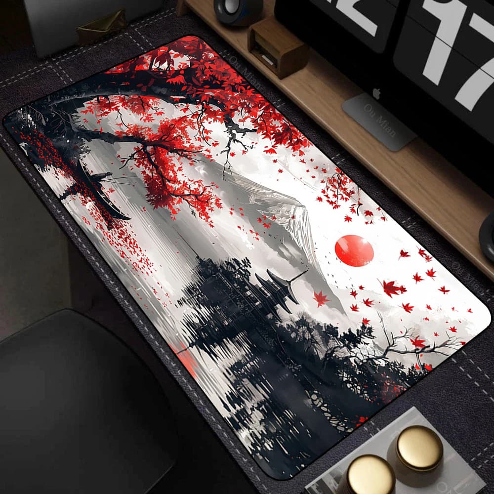 Tappetino per mouse grande con motivo a fiori di ciliegio in stile pittura a inchiostro, con bordo cucito, antiscivolo, per scrivania del computer, tastiera e gaming.