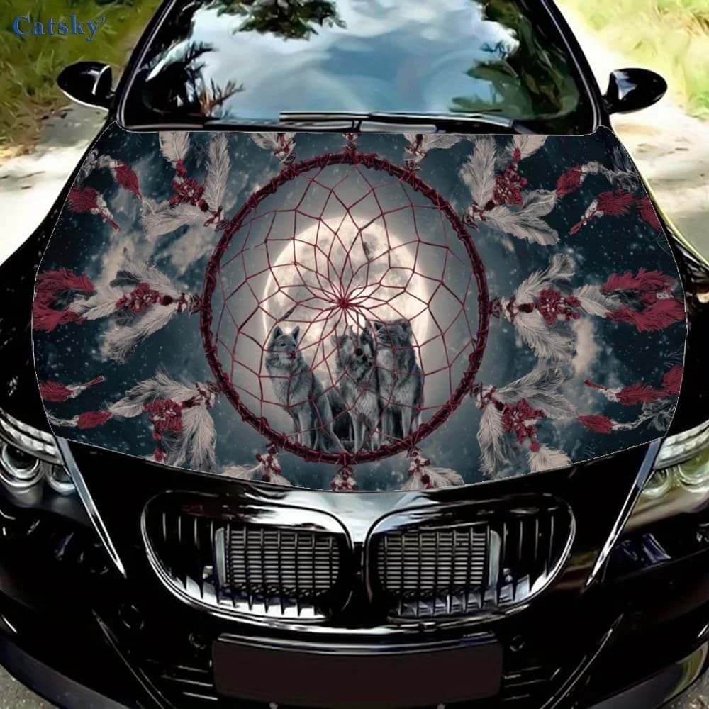 Retro Night Dreamcatcher and Wolf Pack Car Hood Sticker, Personalized & Trendy Auto Art Decal, Self-adhesive Waterproof Car Exte