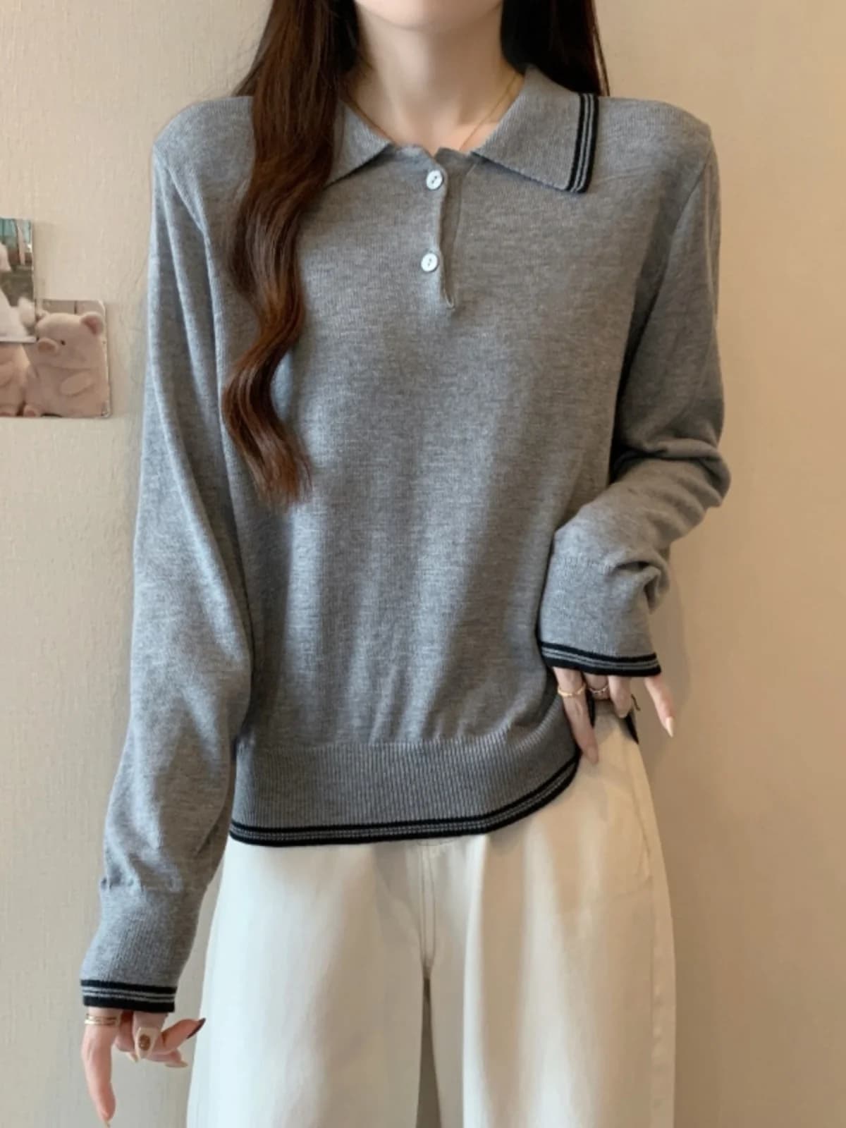 Women's Neck Long Sleeve Knitted Sweater Spring Autumn plus Size Slimming Concealing High-End Sensation Shoulder Level Top