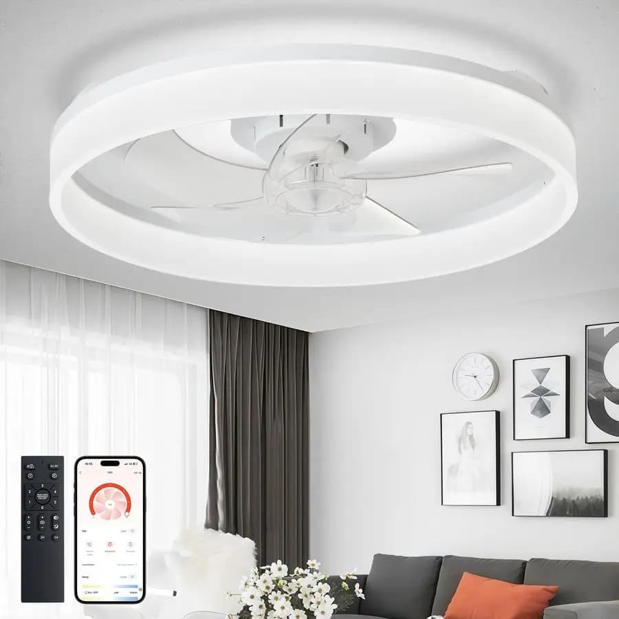 Ventilatori da soffitto moderni con luci, 20 pollici, a montaggio a filo, a basso profilo, con telecomando APP, LED bianco, senza pale, dimmerabile