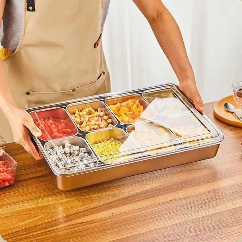 Scatola per condimenti in acciaio inossidabile Scatola per condimenti con coperchio per PC da 6 e 8 griglie con coperchio e forchetta Set di contenitori per spezie per ristorante