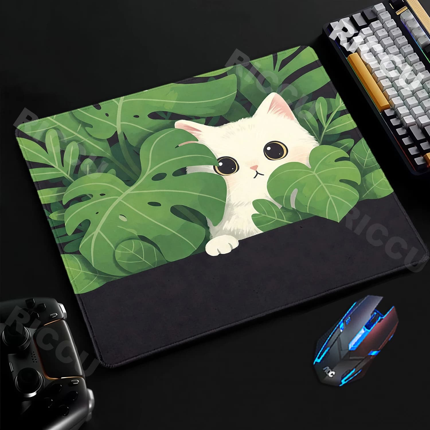 Simpatico tappetino per mouse bianco con gatto, piante verdi, tappetino per mouse da ufficio, tappetini per giocatori, tappetini per tastiera da gioco anime, tappetini da scrivania per laptop, tappetino da scrivania per e-sport