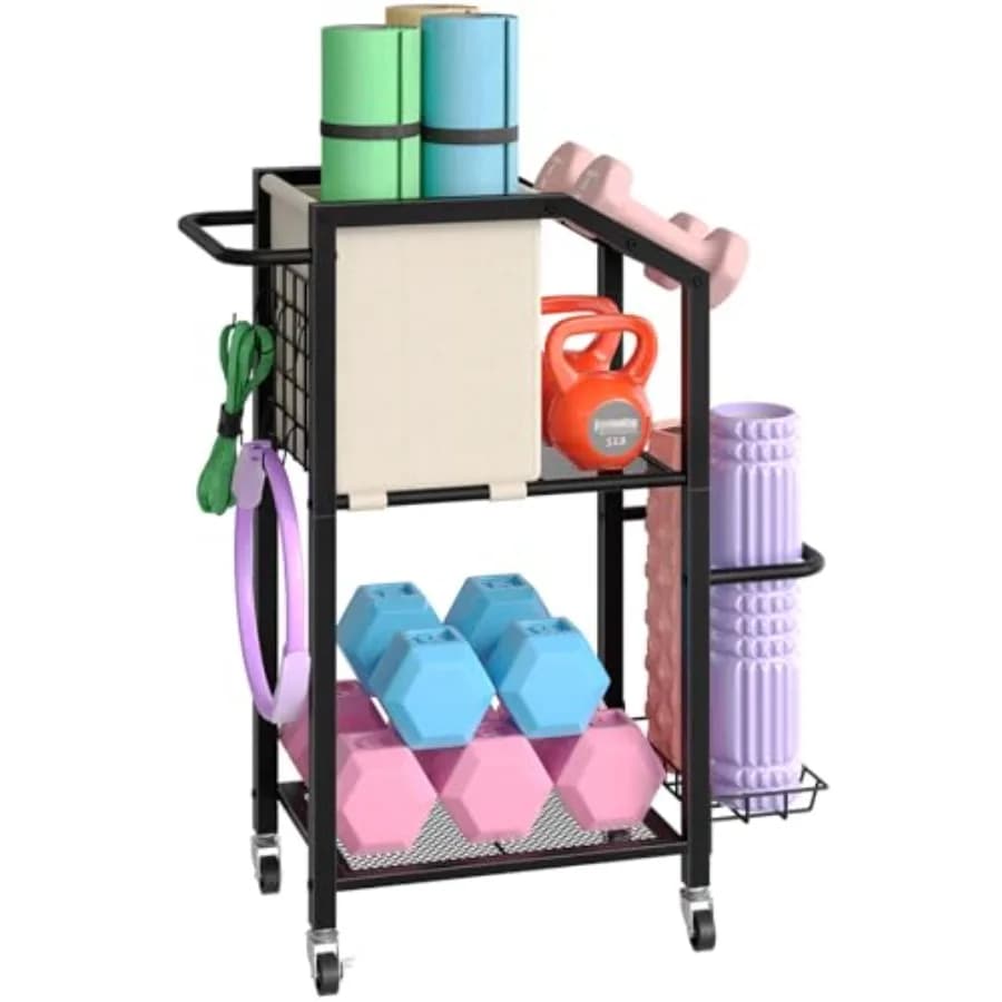 Home Gym Material Rack for Handlebars, kettlebell and foam roller with wheels and hooks, black metal, training organizer