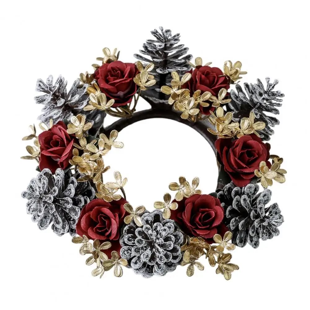 Floral Decoration with Candle Ring Crown Handmade Christmas Candle Rings with Artificial Pine Roses for Wedding Party for Front