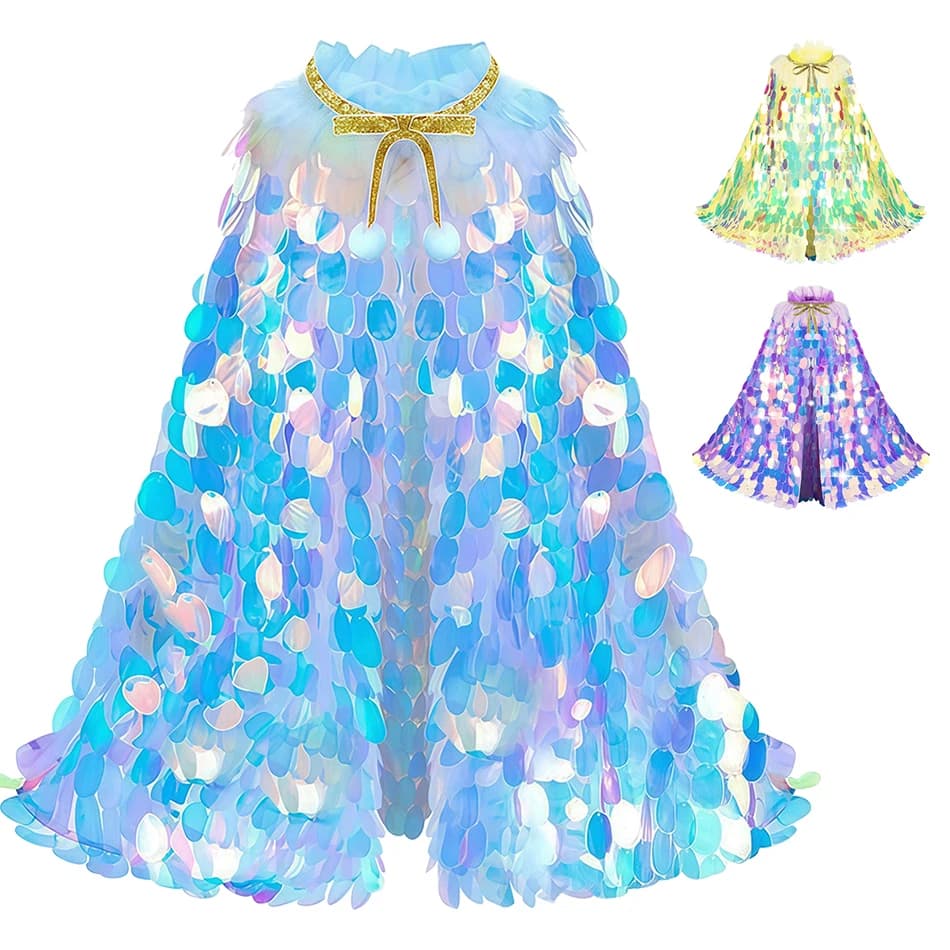 Mantello da Principessa Sirena per Festa di Compleanno Carnevale Bambina Vestito da Bambina Mantello con Paillettes da Sirena per Halloween Costume per Ragazza