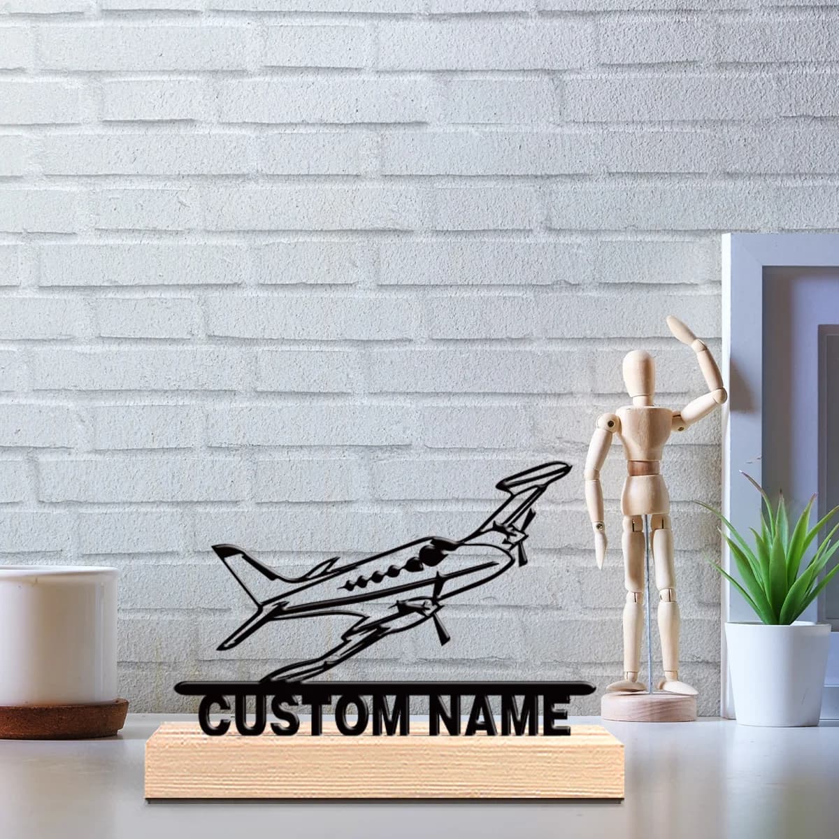 1 Pezzo Nuovo Design Personalizzato, Arte in Metallo a Forma di Aeroplano con Base in Legno, Decorazione da Tavolo, Vassoio Geometrico in Legno Incluso, Perfetto