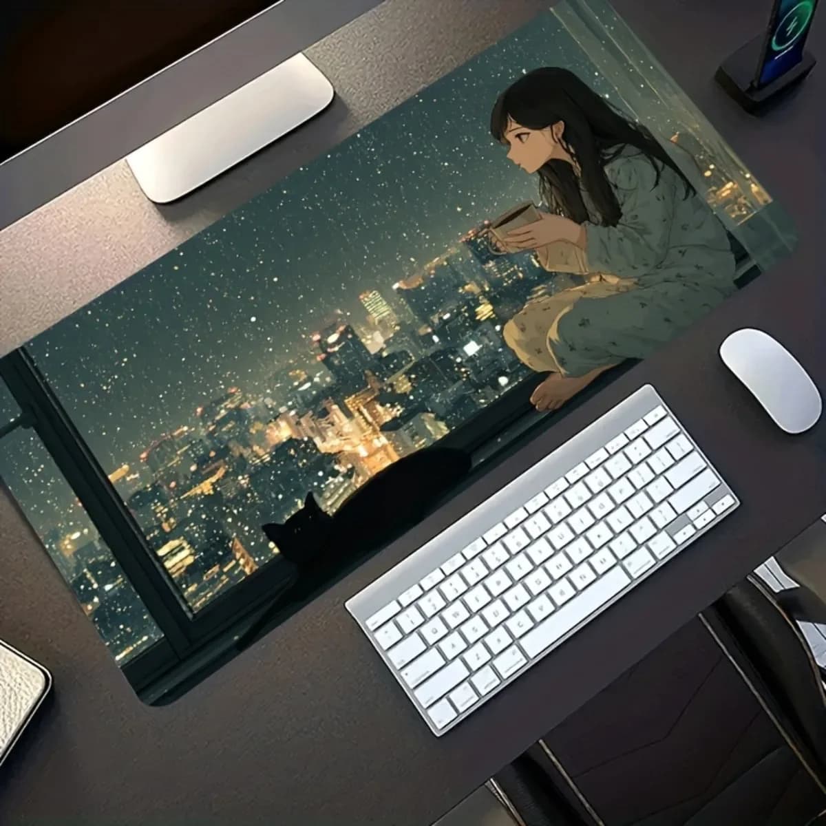 Rainy Night City Girl & Black Cat Rubber Gaming Mouse Pad Non-Slip Washable Cozy Desk Mat for Office Decor