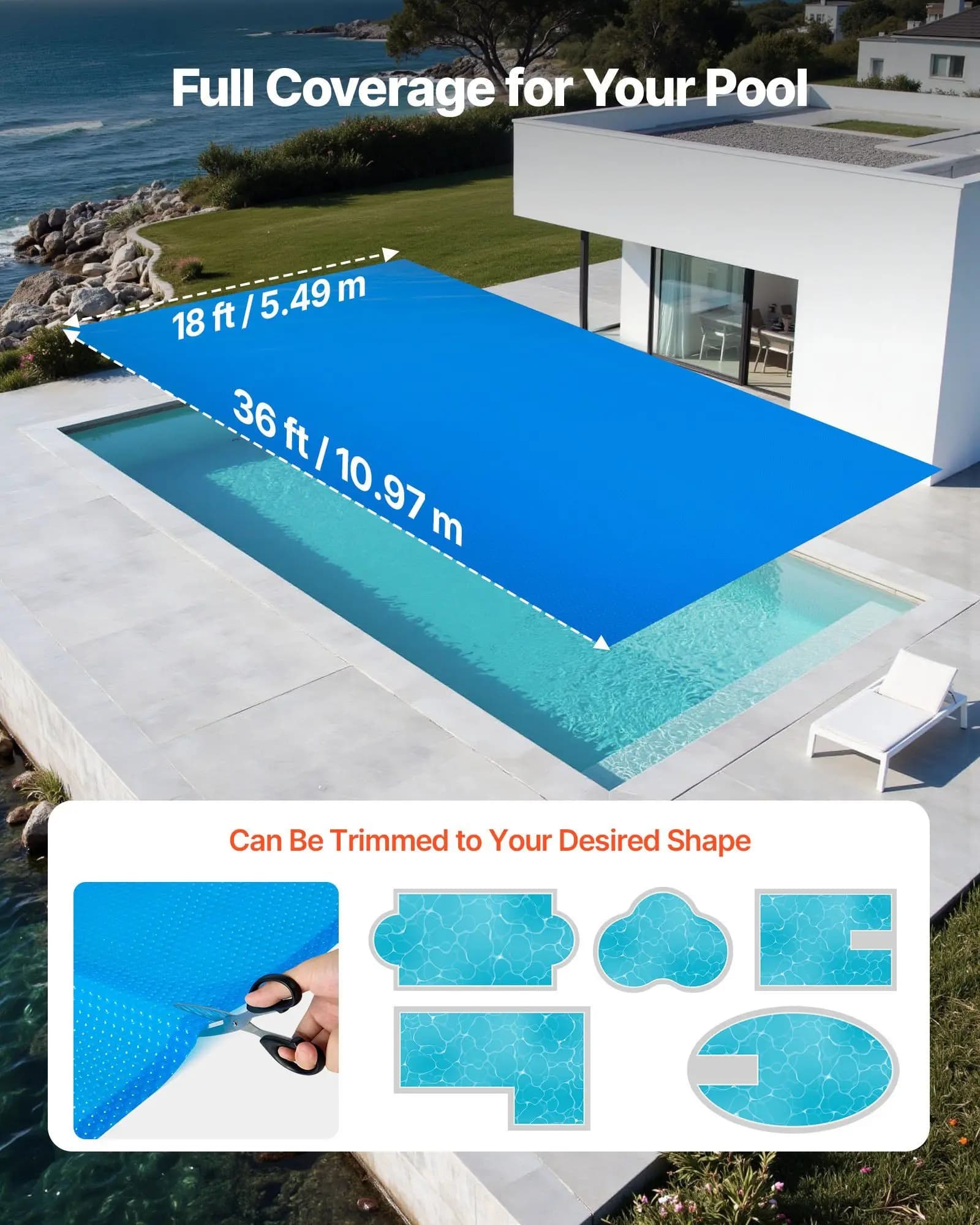 Copertura solare per piscina, copertura a bolle rettangolare per piscina 36 x 18 piedi, telo solare per piscina da 8 mil con materiale PE, assorbimento del calore diurno