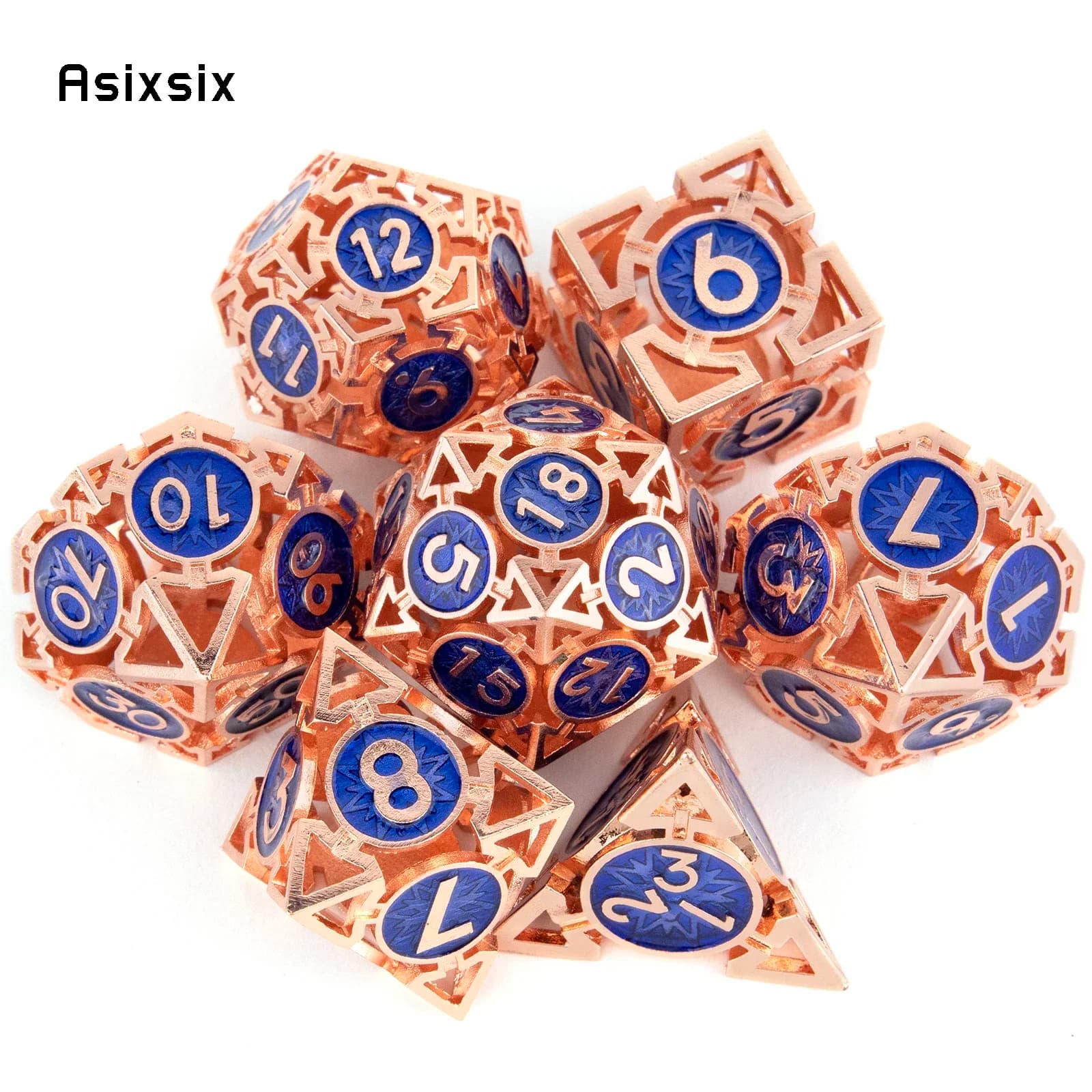 Set di 7 Dadi in Metallo Blu Rame, Dadi Poliedrici Circolari Cavi in Metallo, Adatti per Giochi di Ruolo RPG e Giochi da Tavolo, Idea Regalo