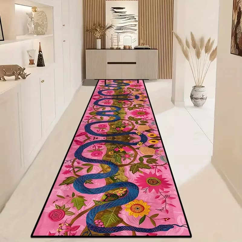 Tappeto Lungo Decorativo con Motivo Serpente Blu per Caffetteria, Morbido e Confortevole, Tappeto Artistico Rosa per Soggiorno, Tappeto alla Moda per Balcone e Passatoia