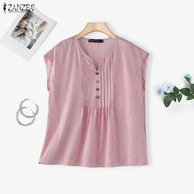 Moda ZANZEA Camicette estive senza maniche da donna Top a righe con scollo a V OL Work Party Tee Streetwear Loose Blusas Oversize