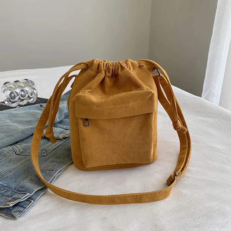 Borsa a secchiello quadrata casual in velluto a coste, borsa a tracolla alla moda per accessori da donna, streetwear, per uscite alla moda