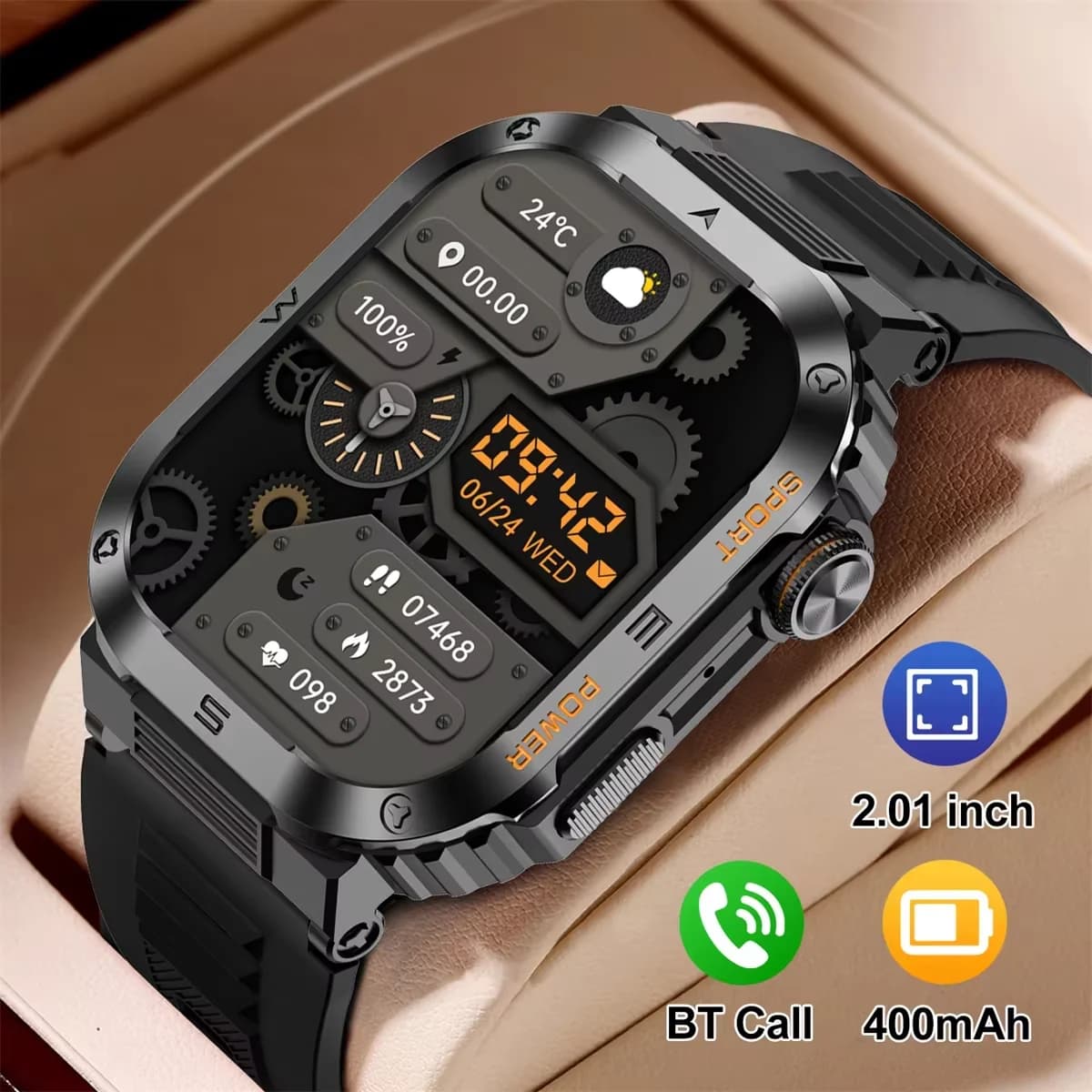 Orologio intelligente militare robusto e durevole, impermeabile IP68, display HD da 2,01'', orologio intelligente con voce Bluetooth per Android IOS XIAOMI