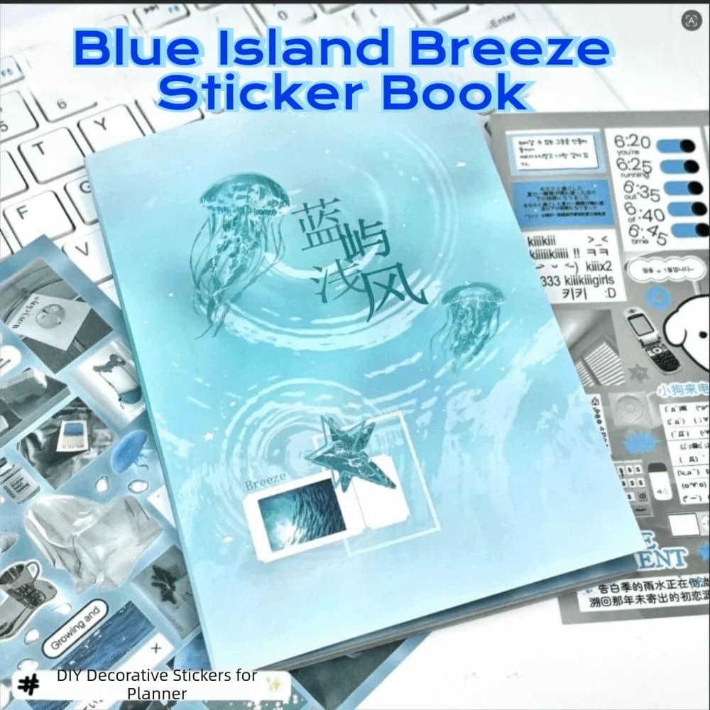 Portable Sticker Book Blue Breeze Theme DIY Decorative Sticker Set Aesthetic Print Lightweight Scrapbook Ornament