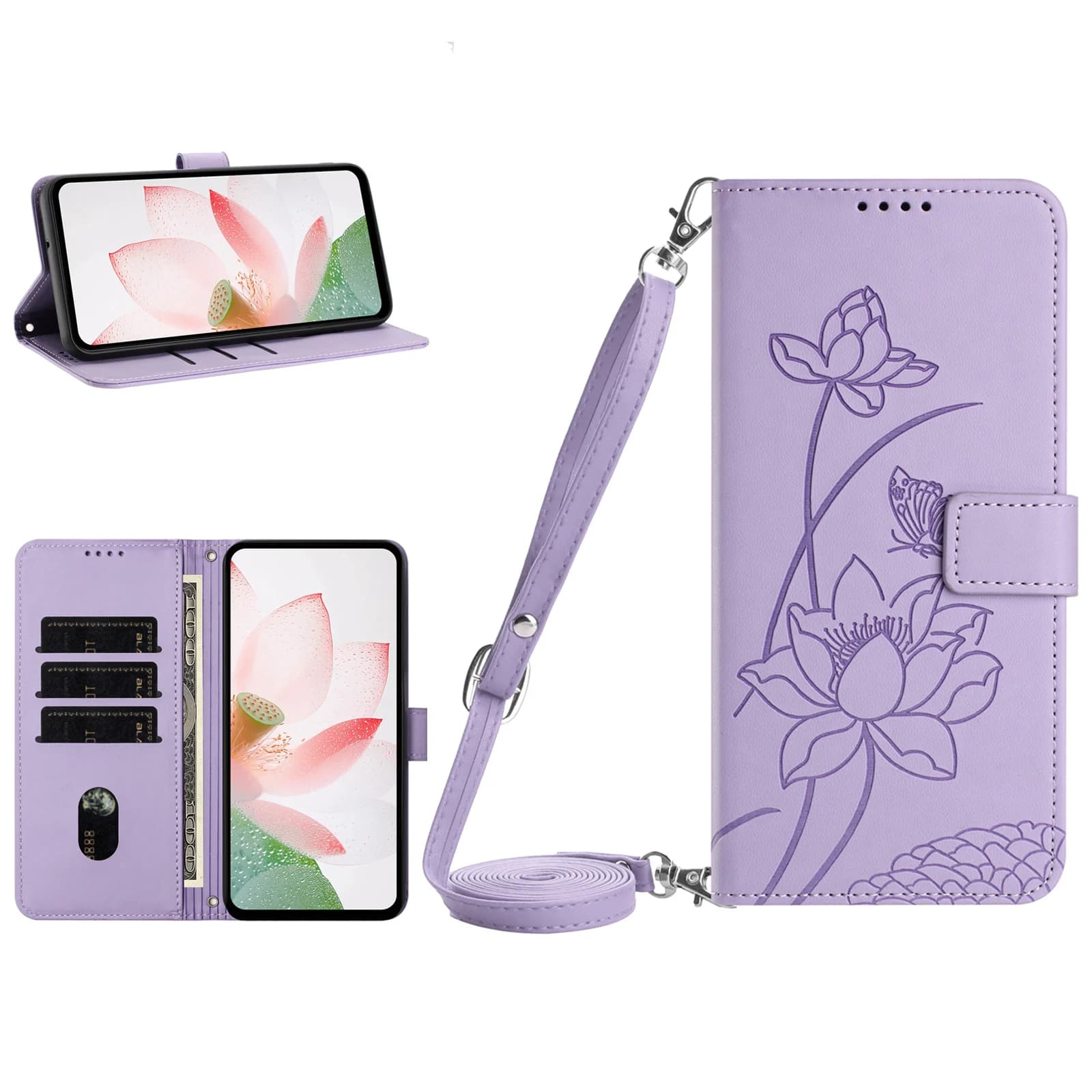 Crossbody Long Lanyard Flip Cards Solt Lotus Embossed Leather Wallet Case For Google Pixel 11 Pro XL 10 Pro 9A 9 8 8A 7A Cover