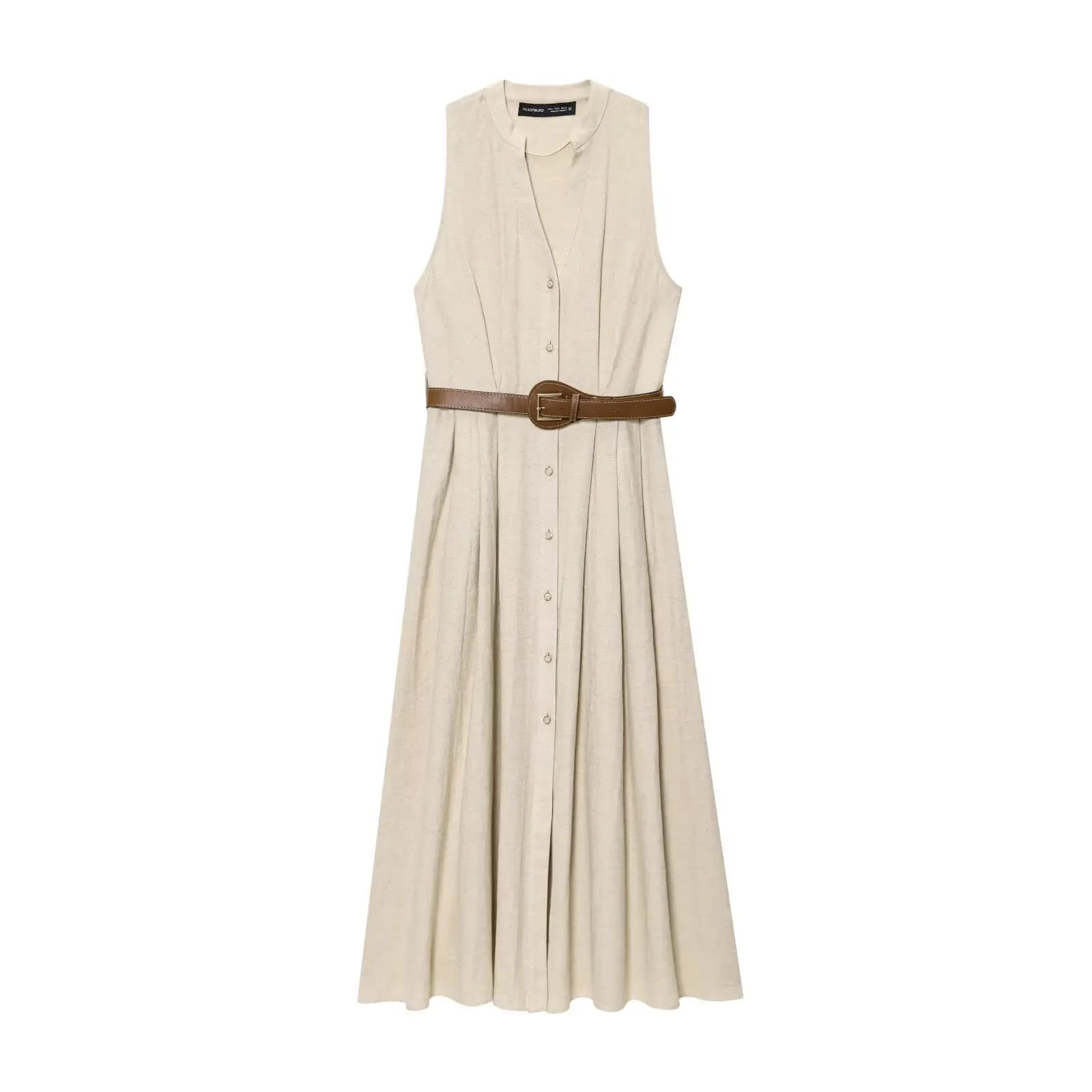 Women's Elegant Longuette Dress Shirt with Sleeveless Belt with V Neckline Fashion Slimming Dress for Women's Casual Holiday Dress 8137775