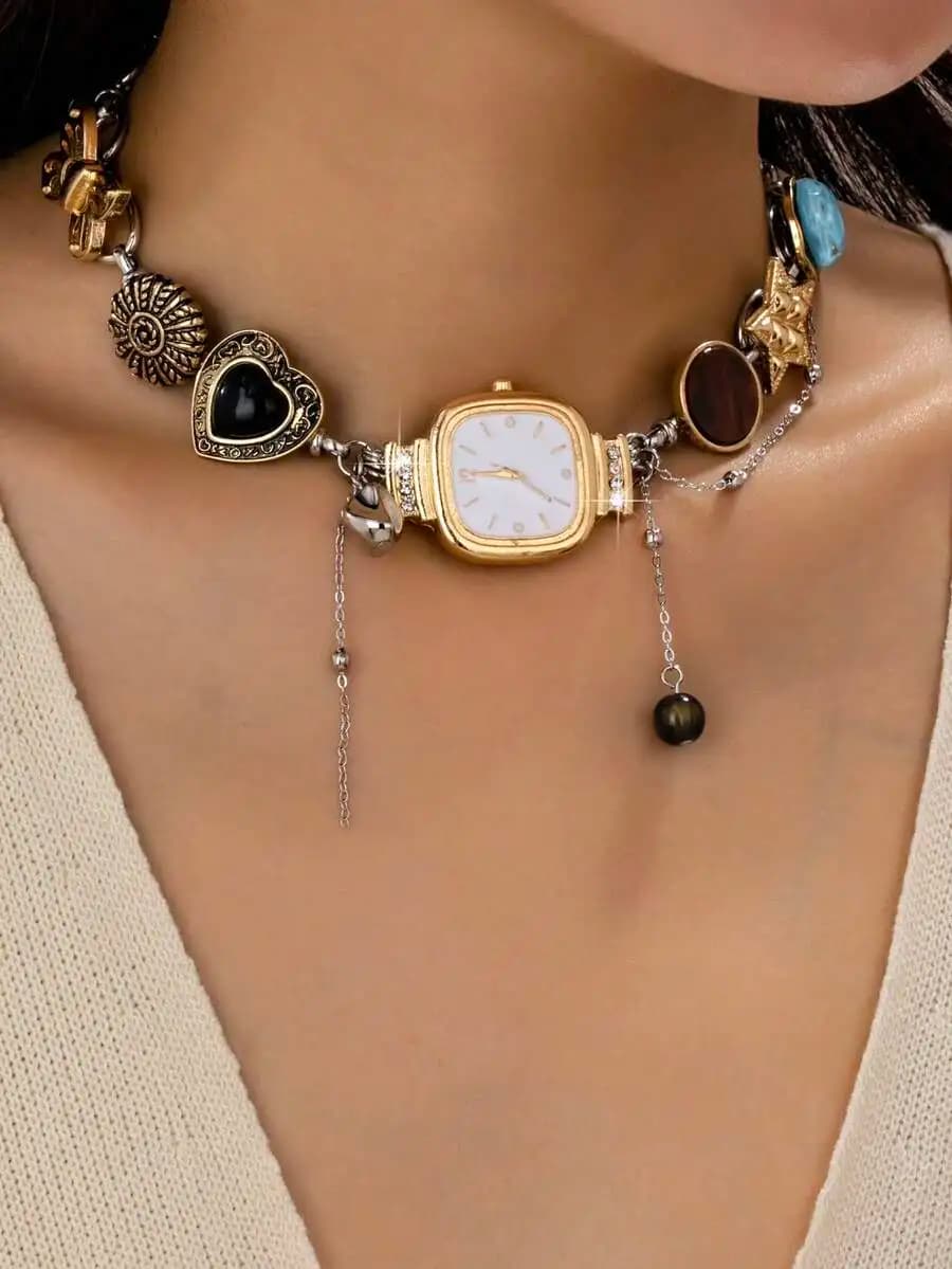 Collana con ciondolo a forma di orologio, cuore, stella e farfalla in stile Y2K per donna
