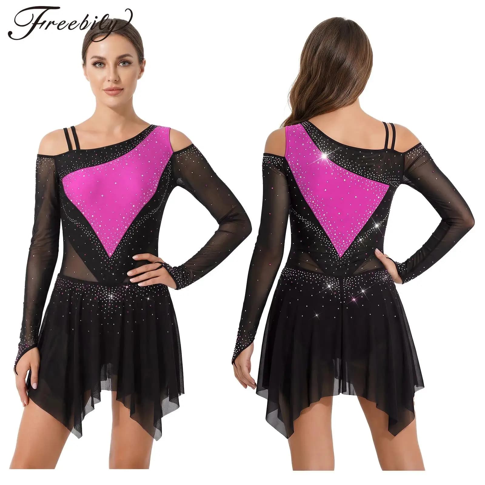 Body da donna per pattinaggio su ghiaccio, danza lirica, ginnastica, acrobazie, costume da balletto, manica lunga, strass, maglia, abbigliamento da ballo