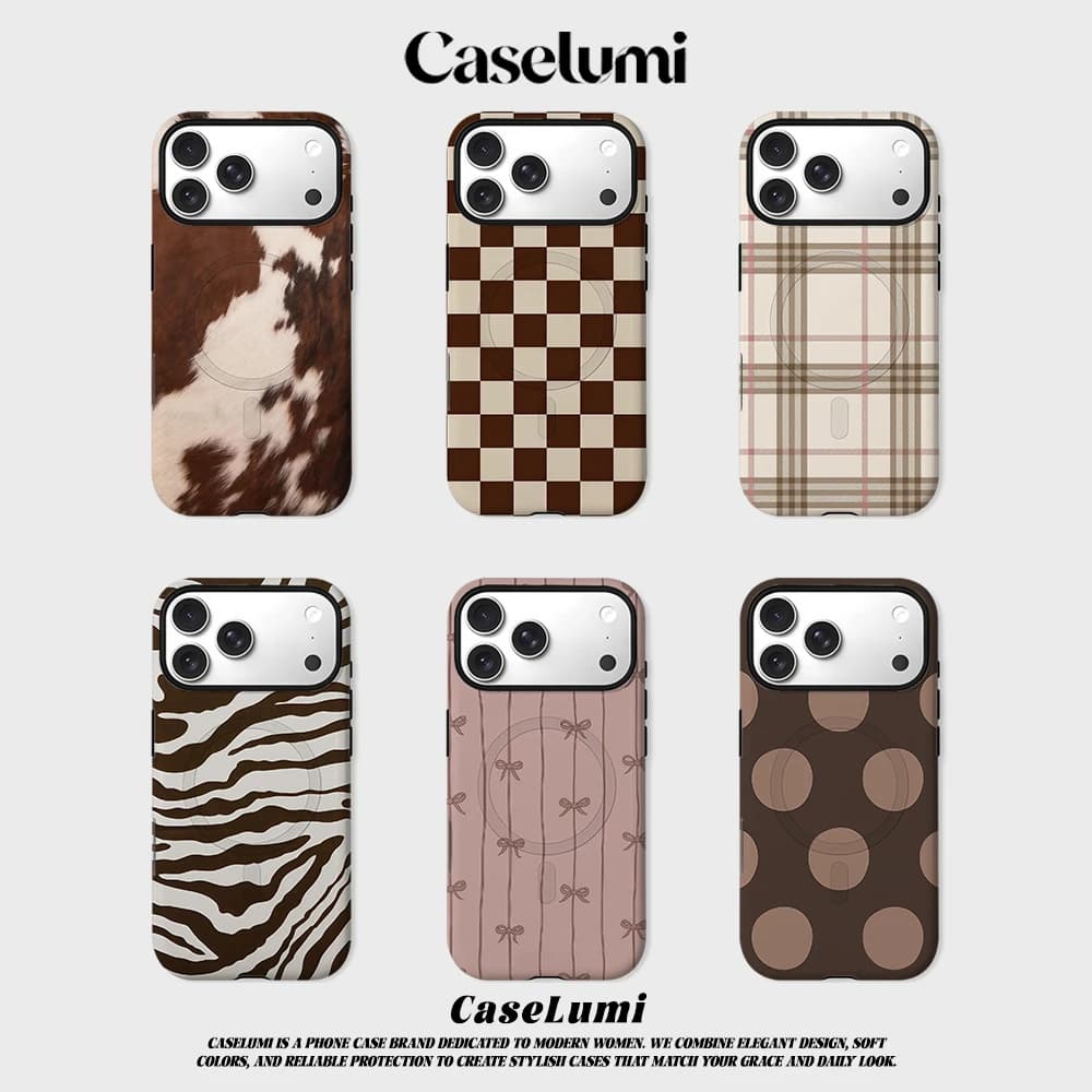 CaseLumi Matte Bumper per Custodia MagSafe per iPhone 17 16 15 14 Plus 13 Pro Max, Cover Antiurto in PC Rigido Marrone e Bianco con Pelle Bovina