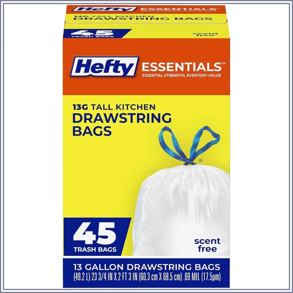 13 Gallon Drawstring Trash Bags, 45 Count, Unscented, White, for Kitchen, Home Office, Laundry