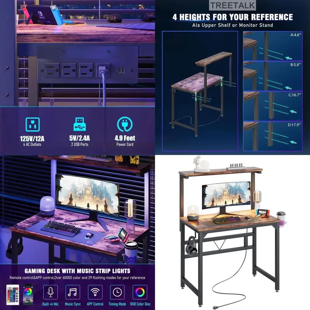 Scrivania rustica per ufficio domestico da 80 cm con prese di corrente, luci a LED, supporto per monitor regolabile, portabicchieri e gancio per cuffie