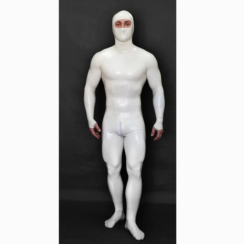 Tuta da uomo in lattice bianco per tutto il corpo Catsuit Eyes Entry tuta in gomma mezze guanti stile anello con cerniera sul cavallo
